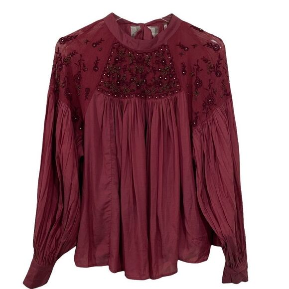 FREE PEOPLE- NWT STYLE OB651956 - MULBERRY COLOR SEMI-SHEER PLEATED CROP TOP B6 - Picture 1 of 11